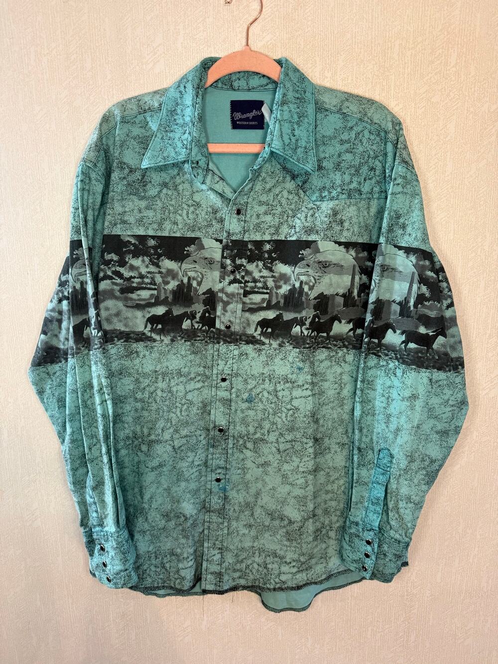 Vintage Wrangler Western Shirt Turquoise Eagle Horses Cowboy Snap Long Sleeve